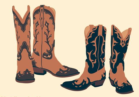 Cowboy Boots Artwork, Country Boots Drawing, Drawing Cowboy Boots, Cowboy Boots Sketch, Cowboy Linocut, How To Draw Cowboy Boots, Cowboy Boot Illustration, Cowboy Boot Drawing, Cowboy Boots Illustration