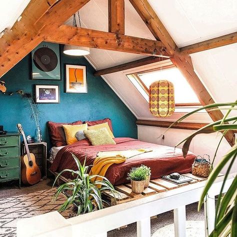 44 Eclectic Bedroom Designs to Kickstart Your Creativity: Build a Space that’s All You! Tiny Attic Bedroom, Bedroom Attic Ideas, Sloped Ceiling Bedroom, Small Attic Bedroom, Eclectic Bedroom Design, Bedroom Eclectic, Simple Bed Designs, Attic Bedroom Designs, Finished Attic