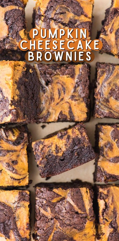 Pumpkin Brownie Cheesecake, Cheesecake Halloween Brownies, Pumpkin Cheesecake Brownies Easy, Pumpkin Chocolate Brownies, Jackolantern Dessert, Pumpkin Brownies Easy, Fall Bars Desserts, Fall Brownies, Healthy Halloween Desserts