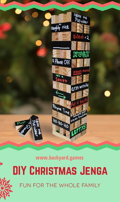 Christmas Jenga, Jenga Rules, Jenga Ideas, Christmas Drinking Games, Backyard Games Kids, Christmas Eve Games, Easy Homemade Christmas Gifts, Games With Friends, Xmas Games