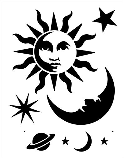 Celestial stencil from The Stencil Library BUDGET STENCILS range. Buy stencils online. Stencil code TP5. Stencils Online, Wolf Silhouette, Star Silhouette, Stencils Printables, Star Stencil, Stencil Templates, Silhouette Stencil, Sun Moon Stars, Stencil Patterns