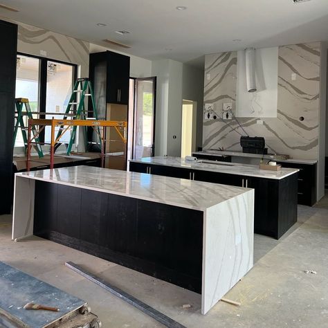 Nothing better than a progress picture! Slab backsplash, waterfall island... what more could you ask for?!

Interested in Cambria? Come visit our showroom to see what designs we have in stock! Waterfall Kitchen Island, Kitchen Island Wood, Slab Backsplash, Waterfall Island Kitchen, Waterfall Kitchen, Main Kitchen, Waterfall Island, Kitchen Remodel Inspiration, Remodel Inspiration