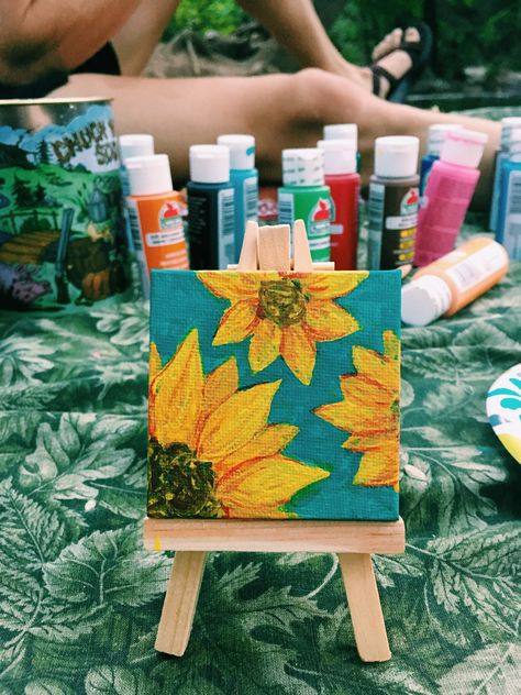 Sunflower mini painting  By Mia smith Mini Canvas Sunflower Paintings, Mini Canvas Sunflower, Sunflower Mini Painting, Sunflower Painting Ideas On Canvas, Mini Tela, Square Painting, Sunflower Painting, Fairy Costume, Mini Canvas