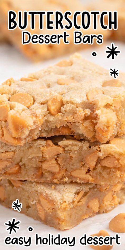 Butterscotch bars are a deliciously rich treat, blending buttery brown sugar with melty butterscotch chips in a chewy bar that's sure to delight both your friends and family. Butterscotch Desserts, Butterscotch Recipes, Butterscotch Bars, Butterscotch Blondies, Easy Dessert Bars, Easy Bar Recipes, 70 Birthday, Butterscotch Cookies, Easy Holiday Desserts