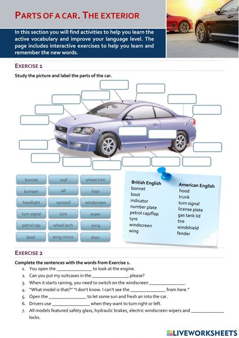 Parts Of A Car Worksheet, Parts Of Car, Parts Of A Car, Language Levels, British English, American English, Gas Tanks, Wind Screen, Mirror Door