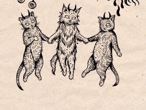 Woodcut Tarot Cards, Mideaval Tattoo Design, Witchy Dog Tattoo, Folk Lore Tattoo, Woodcut Cat Tattoo, Medieval Cat Tattoo, Weird Animal Tattoos, Skinwalker Tattoo, Devil Cat Tattoo