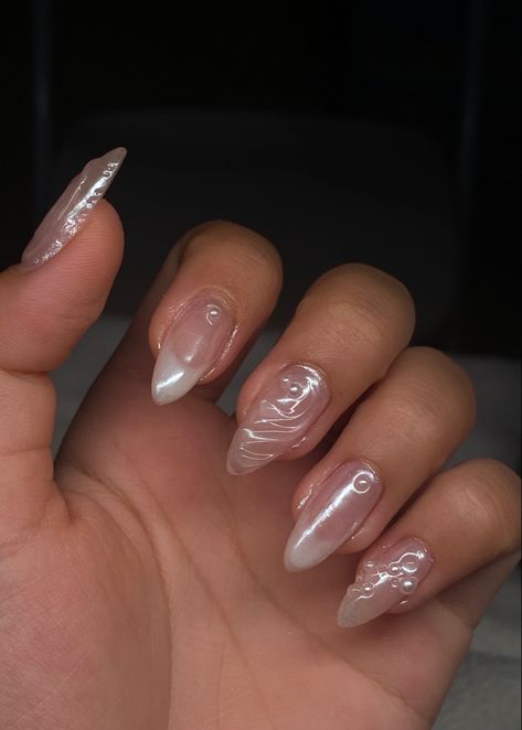 Nail art , 3D Nails, Nail designs, nail inspo 3d Clear Nails, Cute Easy Almond Nail Designs, Clear Almond Nails With Design, Clear Based Nail Design, Gel X Clear Nails, Clear 3d Nail Art, Almond Nails Designs 3d Gel, Clear 3d Nails, 3d Clear Gel Nail Art