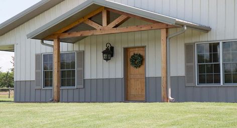 The awning with this style of Beams for my Front porch Exterior Upgrades, Metal Shop Building, Morton Building, Metal Barn Homes, Rent House, Metal Building Home, House Front Porch, Porch Addition, Pole Buildings