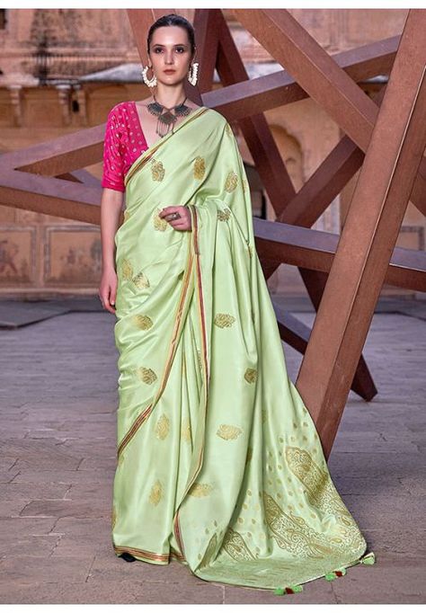 Pastel Green Zari Woven Pure Satin Saree Green Contrast Color, Satin Silk Saree, Colored Weave, Pista Green, Sea Green Color, Party Sarees, Satin Saree, Silk Saree Blouse, Half Sleeve Blouse