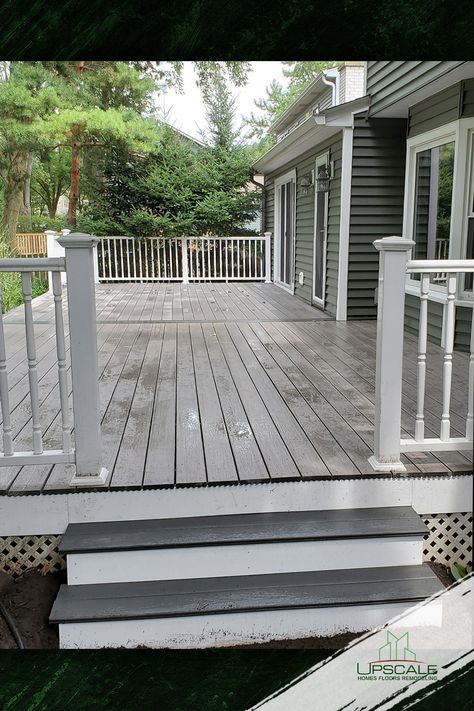 Another look at our composite deck project! The slate gray Trex composite decking is complemented by a white banister and balusters. Composite decking is a popular choice because of its weather-resistant qualities. Unlike wood, it will not rot. Plus, it comes in a variety of colors to perfectly match your home! Check out our website for more deck projects and to get a quote for your new deck or sunroom. Gray Deck Ideas, Trex Deck Colors, White Banister, Gray Deck, Deck Paint Colors, Composite Decking Colors, Trex Composite Decking, Grey Deck, Trex Decking