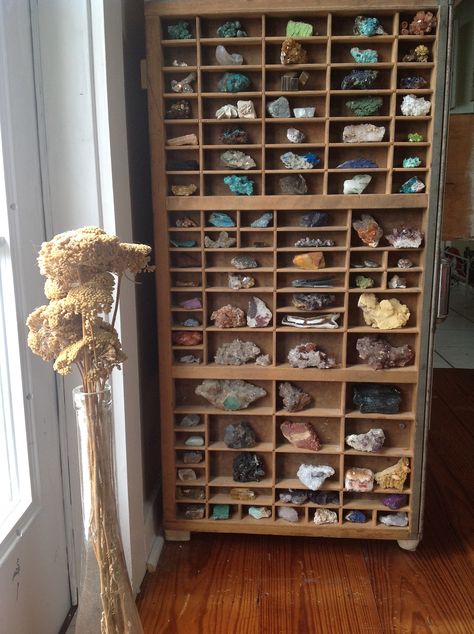 Rock Specimen Display, What To Do With Rock Collection, Rock Displays Ideas, Crystal Display Case, Ways To Display Crystals Rock Collection, Rock Display Shelf, Trinket Storage Ideas, Outdoor Rock Collection, Crystal Display Cabinet