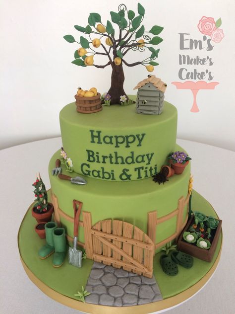 Garden theme cake Garden Cakes Birthday, Farmer Theme Cake, Wedding Cake Garden Theme, Garden Cake Design, Garden Cake Ideas, Farmer Cake, Garden Theme Cake, Gardening Cake, Garden Birthday Cake