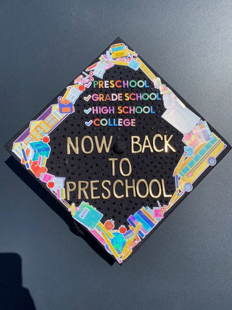 ✔️Preschool ✔️Grade School ✔️High School ✔️College Now back to Preschool Graduation Cap idea for eduaction majors! Early Childhood Education Cap Ideas, Education Degree Graduation Caps, Early Childhood Education Major, Preschool Teacher Graduation Cap, Elementary Teacher Graduation Pictures, Education Major Graduation Cap, Preschool Graduation Cap, College Cap Decorations, Graduation Cap Decoration Teacher