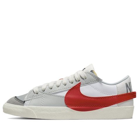 The Nike Blazer Low '77 Jumbo 'White University Red' is a modern take on a classic silhouette. Featuring a full leather construction with suede on the forefoot and mesh on the heel, this sneaker is highlighted by a bold red jumbo Swoosh on the side. The signature padded tongue and rubber sole complete the design. Perfect for everyday wear, this sneaker is inspired by the classic Nike Blazer Low '77 series. With a timeless combination of white, red and gray, this sneaker is sure to turn heads. (S Nike Blazer Low 77 Jumbo, Blazers Nike, Nike Blazer 77, Red Nike Shoes, Blazer 77, Nike Blazer Low 77, Nike Blazer Low, Blazer Low, Nike Blazer Mid 77