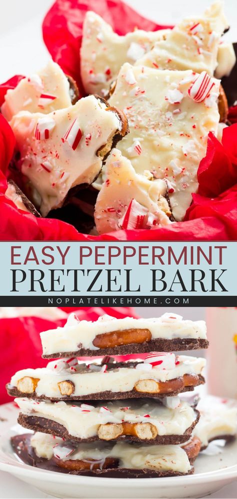 This Peppermint Pretzel Bark is an easy Christmas treat that starts with peppermint chocolate loaded with a crunchy pretzel! Add this homemade bark to your best Christmas dessert recipes! Peppermint Pretzel Bark, Homemade Chocolate Bark, Peppermint Pretzel, Homemade Peppermint Bark, Peppermint Bark Recipes, Christmas Bark, Peppermint Candies, Candy Cocktails, Peppermint Christmas