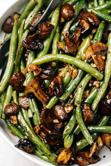 Fall Green Beans, Mushrooms And Green Beans Recipes, Green Bean Sides For Thanksgiving, Mushroom Thanksgiving Side, Green Bean And Mushroom Sauteed, Green Bean Aesthetic, Christmas Mushroom Side Dishes, Mushroom Green Bean Recipes, Green Beans Mushrooms Sauteed