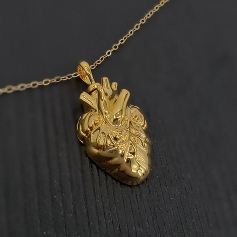 An anatomical heart urn pendant necklace solid cast in Gold Plated 925 Sterling Silver Vermeil! The capsule has a threaded screw revealing a small chamber that can hold a small amount of cremation ash, the best part is that no one knows that this necklace holds such a special treasure.  The piece itself measures 31mm to the top of the bail high by 18mm wide.  The ash chamber is 2 mm x 18 mm. Hung on a matching gold filled chain the length of your choice. A portion of proceeds from this piece will be donated to BC Children's Hospital Cardiac Department. Need to secure the top permanently? A little loctite from your local hardware store can be applied to the area where you screw the capsule together and it will be permanently sealed! This piece lends itself very well to engraving.  Fill Kit Gold Urn Necklaces For Ashes, Anatomical Heart Pendant, Gold Urn, Urn Pendant, Cremation Ashes, Urn Necklaces, Anatomical Heart, Heart Pendant Gold, Linking Rings