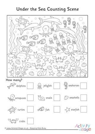 Under the Sea Counting Scene Worksheet Ocean Theme Preschool, Under The Sea Crafts, Activity Village, Shapes Worksheet Kindergarten, Sea Activities, Summer Camp Activities, Keeping Kids Busy, Ocean Activities, Printable Math Worksheets