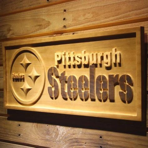 Football Man Cave, Football Man, Pittsburgh Steelers Football, Sports Signs, Engraved Sign, Steelers Football, Home Bar Decor, Belem, Engraved Wood