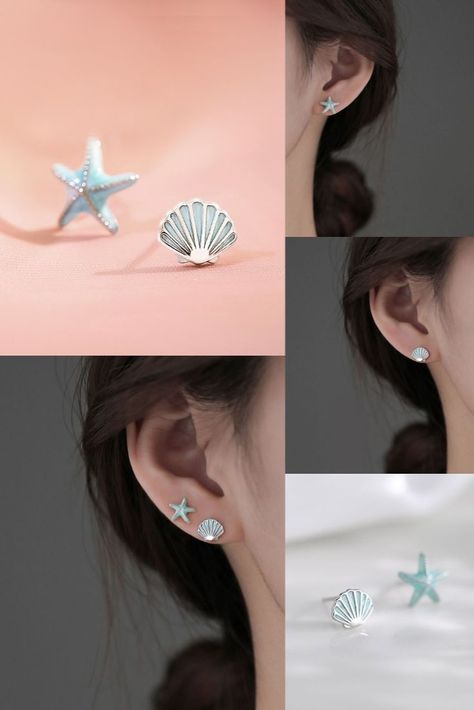 Cute Starfish Shell Silver Ocean Beach Jewelry For Her Women's Earring Studs Ocean Inspired Earrings, Rhinestone Earrings Studs, Ocean Theme Jewelry, Cute Starfish, Fashion Earrings Studs, Big Stud Earrings, Starfish Jewelry, Sea Earrings, Ocean Earrings