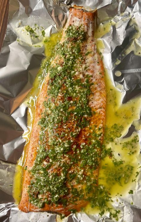 Roasted Salmon with Chimichurri Salmon Chimichurri Recipe, Fish With Chimichurri Sauce, Chimichurri Fish, Salmon And Chimichurri, Chimichurri Salmon, Baked Cilantro Lime Salmon, Italian Herb Salmon, Salmon Marinade, Oven Baked Salmon