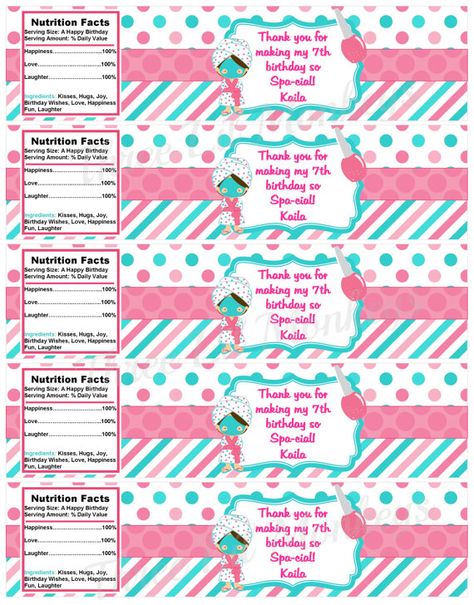 Free+Printable+Spa+Party+Water+Bottle+Labels Spa Party Free Printables, Spa Party Printables Free, Spa Party Invitations Free Printable, Spa Printables, Water Bottle Labels Free Printables, Spa Party Foods, Kids Pamper Party, Water Bottle Labels Free, Spa Party Decorations