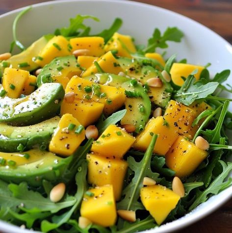 Mango Arugula Salad, Spinach Mango Salad Recipes, Mango Avacado Salad, Mango Avocado Arugula Salad, Mango And Avocado Salad, Avocado Mango Salad, Pine Nut Salad, Nut Salad, Salads Healthy