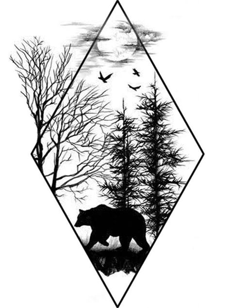 Scary Nature Tattoos, Rich Tattoo, Wood Tattoo, Bear Tattoo Designs, Tattoo Trend, Geometric Nature, Bear Tattoos, Forest Tattoos, Bear Tattoo