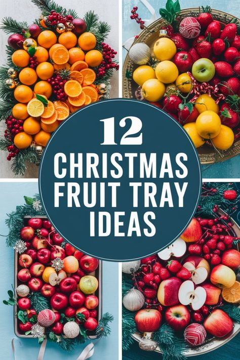 Colorful Christmas fruit trays with oranges, apples, pomegranates, and holiday decorations. Holiday Food Trays, Christmas Fruit Board, Christmas Fruit Tray Ideas, Christmas Fruit Tray, Christmas Fruit Platter, Fruit Tray Designs, Fruit Tray Ideas, Fresh Fruit Bowl, Holiday Fruit