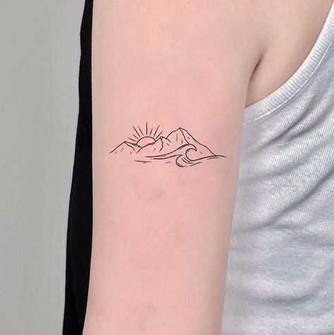 Glacier Tattoo Ideas, Mountains Waves Tattoo, Small Wave And Mountain Tattoo, Fire And Rain Tattoo, Mountains And Water Tattoo, Wave And Mountain Tattoo Simple, Mountain Tatoos Woman, Water And Mountain Tattoo, Light House Tattoo Minimalist