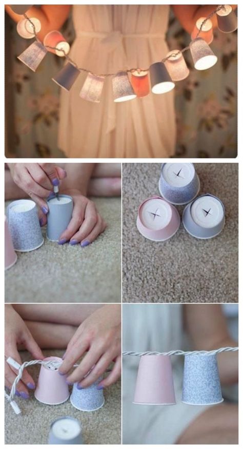 Fun idea for younger people but is applicable if taken cups of a more dark or elegant color. Easy Diy Room Decor, Astuces Diy, Diy Simple, Diwali Decorations, Diy Lamp, Pisco, Cool Diy, Diy Party, Fairy Lights