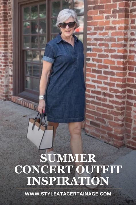 Get inspired with these summer concert outfits for women over 50. No matter what type of concert you’re attending, I have rounded up a collection of concern outfit ideas that are sure to fit the bill. Whether it’s a country concert, a pop or classic rock concert, even a jazz or classical concert – I have plenty of comfortable and chic traveling outfits for summer concerts you can wear at any age! Outdoor Concert Outfit Over 40 For Women, What To Wear To A Country Concert Summer Over 50, Festival Outfit Over 50, Nashville Outfits For Women Over 50 Summer, Country Concert Outfit Summer Over 50, Country Concert Outfits Women Over 50, Summer Outdoor Concert Outfit Ideas, Pop Concert Outfit Ideas Summer, Cute Summer Concert Outfits