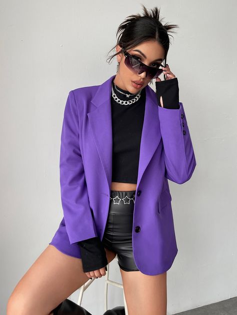 Violet Purple Casual Collar Long Sleeve Polyester Plain Regular Embellished Non-Stretch  Women Suits Purple Blazer Outfit, Blazer Suit Women, Purple Blazers, Purple Blazer, Women Blazers, Purple Suits, Women Suits, Black Overalls, Purple Outfits