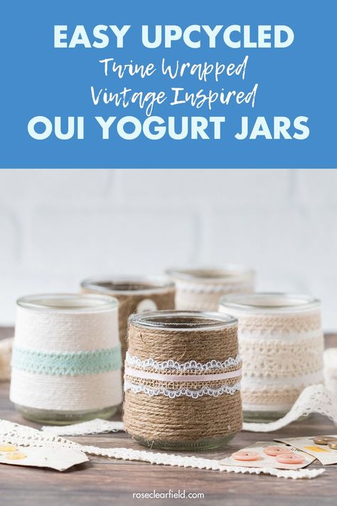 An easy DIY tutorial for vintage-inspired, twine-wrapped glass Oui yogurt jars. A simple whimsical home decor craft project for any budget. Perfect for vases, planters, candles, storage, and much more. Also makes a great gift! #DIY #upcycled #vintageinspired #Ouiyogurtjars Small Upcycle Projects, Oiu Jars Crafts, Oui Jar Crafts, Oui Jars, Oui Jars Repurpose, Oui Yogurt Jars Ideas Diy, Decorated Jars Ideas, Oui Yogurt Jars Ideas, Diy Storage Jars