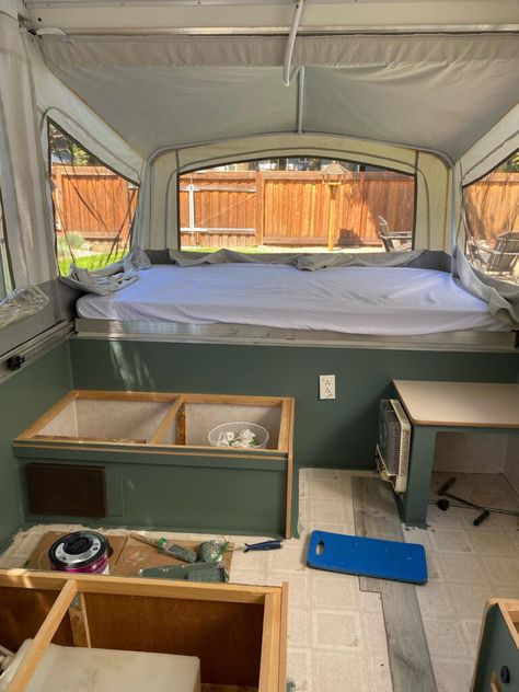 Tips for Buying and Renovating Used Pop-Up Campers - The RV Atlas Pop Up Camper Renovation Diy, Pop Up Camper Remodel Before And After, Pop Up Tent Trailer Remodel, Jayco Pop Up Camper Remodel, Pop Up Camper Interior Ideas, Pop Up Camper Interior, Small Pop Up Camper Remodel, Camper Flip, Jayco Pop Up Campers