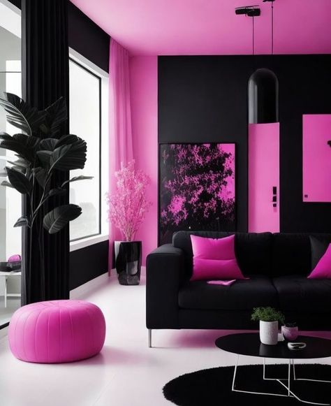 Black And Hot Pink Living Room Decor, Black Room With Pink Accents, Neon Room Background, Hot Pink And Black Living Room Ideas, Black And Pink Home Decor, Pink And Black Aesthetic Room, Black And Pink Salon, Pink And Black Living Room Ideas, Black And Pink Room Aesthetic