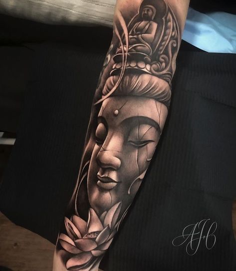 Buddah Sleeve Tattoo, Buddhist Tattoo Sleeve, Buddha Tattoo Sleeve, Buda Tattoo, Forearm Cover Up Tattoos, Inside Of Arm Tattoo, Buddhist Tattoo, Buddha Tattoo Design, Realistic Tattoo Sleeve