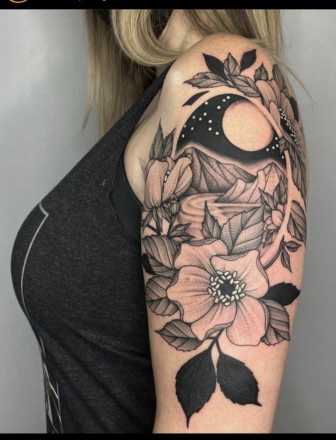 Flower Space Tattoo, Landscape Tattoo Sleeve, Scene Tattoos, Tattoo Flash Traditional, January Tattoo, Dark Floral Tattoo, Traditional Blackwork, Lion Sleeve, Small Feather Tattoo