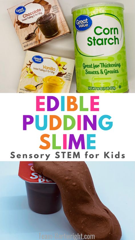 Text: Edible Pudding Slime Sensory STEM for Kids! Top Picture: Boxes of vanilla and chocolate pudding mix and cannister of cornstarch. Bottom Picture: Chocolate pudding slime and snack pack. Pudding Slime Edible, Pudding Dough For Kids, Edible Pudding Slime Recipe, Edible Pudding Slime, Slime Birthday Party Food Ideas, Edible Slime Recipe Easy, Pudding Slime Recipe, Edible Science Experiments, Pudding Slime