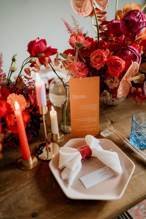 Pierogi Bar Wedding, Red And Coral Wedding, Red And Pink Table Setting, Rust And Pink Wedding, Wedding Menu Design, Fringe Wedding Dress, Orange And Pink Wedding, Wedding Coral, Rust Wedding