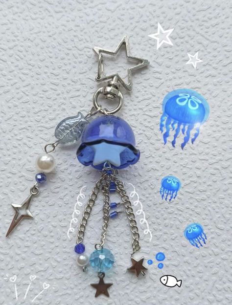 Jellyfish Keychain, Jellyfish Jewelry, Diy Jellyfish, Blue Jellyfish, Blue Keychain, Gelang Manik-manik, Bead Charms Diy, Pola Gelang, Gelang Manik