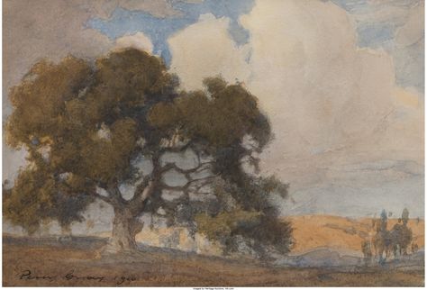 "Oak Tree," Percy, 1910, watercolor on paper, 5 x 7", private collection. Large Oak Tree, Honey Powder, California Wildflowers, Palace Of Fine Arts, California Landscape, Spring Landscape, Unframed Art Prints, Cloudy Sky, Tree Canvas