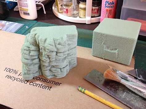 Using Floral Foam and Foam Paste to Model a Rocky Cliff      Scenery work has begun on the N scale Pagosa & Southern! All of the rock work ... Cliff Scenery, Christmas Tree Village Display, Wet Foam, Rocky Cliff, Foam Carving, Ho Scale Train Layout, Christmas Tree Village, Soil Texture, Christmas Village Sets