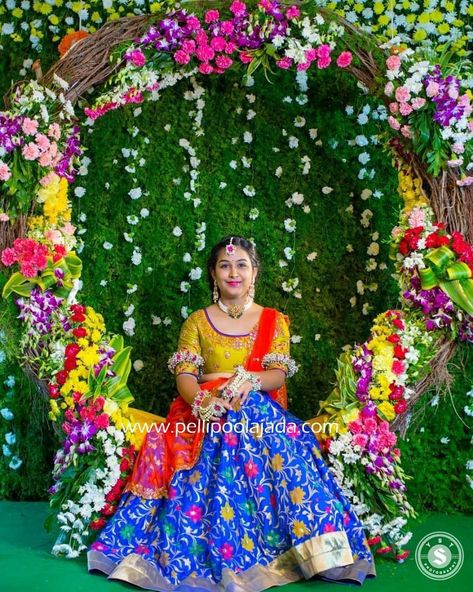 Leaf Decor Wedding, Hindu Wedding Decorations, Saree Function, Half Saree Function, Wedding Hall Decorations, Wedding Background Decoration, Telugu Wedding, Desi Wedding Decor, Personalized Wedding Decor