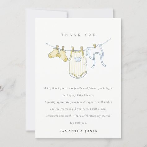 Cute Baby Clothesline Yellow Natural Baby Shower Thank You Card | #softwatercolorbabyclothesline #charmingneutralpastelfreshsimple #modernuniquedreamyromanticchic #subtlesocksbibadorablecute #elegantclassysimpleurbanivy #trendysweetsummerspringclean #bodysuitboutiquefallwintercountry #contemporaryartywhimsicalinvite #babyshowersprinklelunchscandi #brunchyellowgenderrevealblue Natural Baby Shower, Thank You Card Size, Nature Baby Shower, Baby Shower Thank You Cards, Yellow Baby, Baby Invitations, Baby Shower Thank You, Baby Yellow