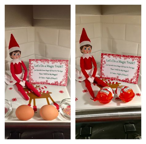 Elf on the shelf day 3 (and 4)!!!  Jingle Bell has a magic trick for the girls!  She left them eggs and had them sprinkle magic sprinkles on the eggs, sleep the next night and... SURPRISE!! Kinder Eggs!!! Elf Egg Magic Trick, Elf On The Shelf Egg Magic, Kinder Egg Elf On The Shelf, Elf Kinder Egg, Elf On The Shelf Kinder Egg, Elf On The Shelf Magic Trick, Elf On The Shelf Eggs, Elf Magic Trick, Elf Tricks