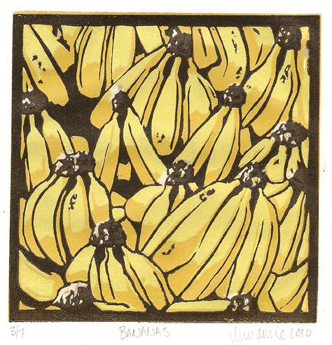 Bananas | reduction lino print | Annamie Pretorius | Flickr Surf Bored, Gustave Baumann, Reduction Lino Print, Creative Advertisement, Woodcut Printing, Relief Prints, Lino Block, Relief Printmaking, Woodcut Print