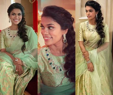 Sreeja Kalyan wore a mint green lehenga choli set with golden floral motifs, an organza dupatta and a diamond-emerald set to match it. Sreeja Konidela, Sneha Reddy, Samantha In Saree, Green Lehenga Choli, Green Lehenga, High Neck Blouse, Baby Shower Photos, Side Braid, Organza Dupatta