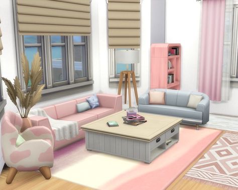 Sims 4 Pink Living Room, Sims 4 Pastel Furniture, Sims 4 Danish Pastel, Sims 4 Pastel House, Sims 4 Pastel Pop Kit, Sims 4 Pastel Cc, Sims 4 Living Room Ideas, Sims Rooms, Pastel Furniture