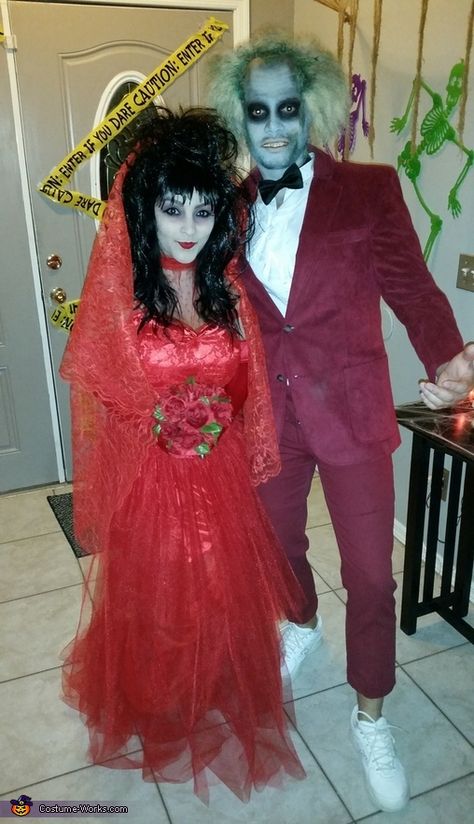 Christina: Love the movie decided to make it because it was cheaper than buying one but we end up getting really into it😆 we got the lydia dress from goodwill for... Beetlejuice Couple, Beetlejuice Couple Costume, Diy Beetlejuice, Beetlejuice Halloween Costume, Beetlejuice Costume, Character Halloween Costumes, Costumes For Couples, Questions For Couples, Beetlejuice Halloween